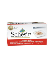 SCHESIR Vištiena su jautiena želatinoje, 4 x 85 g šlapias šunų maistas