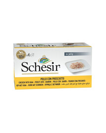 SCHESIR Vištiena su kumpiu želatinoje, 4 x 85 g šlapias šunų maistasSCHESIR Vištiena su kumpiu želatinoje, 4 x 85 g šlapias šunų maistas