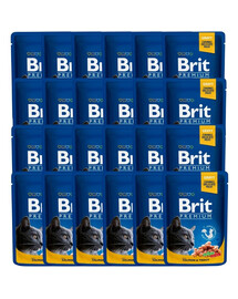 BRIT Premium Cat Adult Mix 48 vnt. po 100 g skonių: lašiša ir upėtakis, jautiena ir žirniai – maisto maišeliai katėms