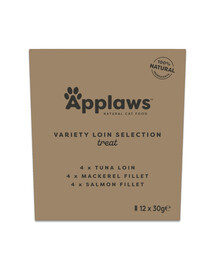 APPLAWS Cat Loin Multipack 12 × 30 g – įvairių skonių natūralios žuvies filė skanėstų rinkinys katėms.