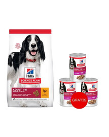 HILL'S Science Plan Adult Medium Breed 14 kg sausas pašaras vidutinių veislių suaugusiems šunims su vištiena + 3 skardinės dovanų.