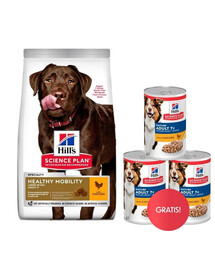 HILL'S Science Plan Canine Adult Healthy Mobility Large Breed Chicken 14 kg – sausas pašaras didelių veislių suaugusiems šunims su vištiena, sąnarių palaikymui + 3 skardinės HILL'S šlapio pašaro DOVANŲ