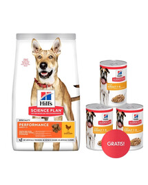 HILL'S Canine Adult 1+ Performance 14 kg sausas pašaras aktyviems suaugusiems šunims su vištiena + 3 skardinės HILL'S šlapio pašaro dovanų.