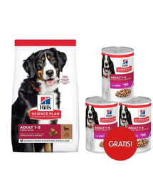 HILL'S Science Plan Canine Adult Large Breed Lamb&Rice 14 kg sausas pašaras didelių veislių suaugusiems šunims su ėriena ir ryžiais + 3 skardinės HILL'S šlapio pašaro dovanų.