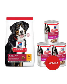 HILL'S Science Plan Canine Adult Large Breed Chicken 18 kg sausas pašaras didelių veislių suaugusiems šunims su vištiena + 3 skardinės HILL'S šlapio pašaro dovanų.
