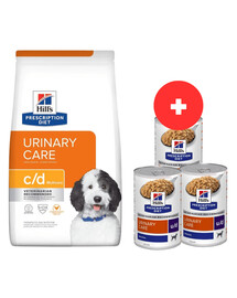 HILL'S Prescription Diet Canine c/d Multicare Chicken 12 kg dla psów z problemami z układem moczowym + 3 x 370g karmy dla psów GRATIS