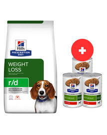 HILL'S Prescription Diet r/d Weight Reduction with Chicken Adult 10 kg dla psów z nadwagą + 3 x 370g karmy dla psa GRATIS