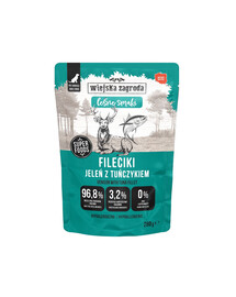 WIEJSKA ZAGRODA Monoprotein filė gabalėliai su elniena ir tunu „Miško skoniai“, 280 g – drėgnas maistas šunims