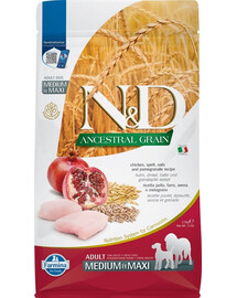 FARMINA N&D Ancestral Grain Dog Adult Medium & Maxi su vištiena ir granatais 2,5 kg, ėdalas suaugusiems vidutinių ir didelių veislių šunims + FARMINA N&D Tropical Selection Dental Treat Chicken Medium/Maxi 100 g (7 vnt.) DOVANŲ!
