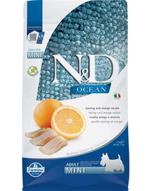 FARMINA N&D Ocean Dog Adult Mini su silke ir apelsinais 2,5 kg, ėdalas mažų veislių šunims + FARMINA N&D Quinoa Dental Treat Digestion Mini 60 g (7 vnt.) DOVANŲ!