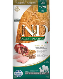 FARMINA N&D Ancestral Selection Dog Adult Medium & Maxi su vištiena ir granatais 15 kg suaugusiems vidutinių ir didelių veislių šunims + 3 x FARMINA N&D Tropical Selection Dental Treat Pork Medium/Maxi 100 g DOVANŲ!