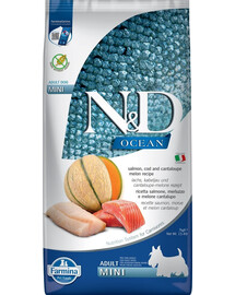FARMINA N&D Ocean Dog Adult Mini su lašiša, menke ir kantalupos melionu 7 kg, ėdalas suaugusiems mažų veislių šunims + FARMINA N&D Tropical Selection Dental Treat Chicken Mini 60 g (7 vnt.) DOVANŲ!