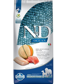 FARMINA N&D Ocean Dog Adult Medium & Maxi 12 kg su lašiša, menke, moliūgu ir kantalupos melionu + 2 x FARMINA N&D Quinoa Dental Treat Weight Management Medium/Maxi DOVANŲ!