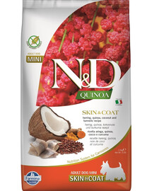 FARMINA N&D Quinoa Dog Skin&Coat Adult Mini su silke ir kokosais 2,5 kg, ėdalas suaugusiems mažų veislių šunims + FARMINA N&D Quinoa Dental Treat Skin Coat Herring Mini 60 g (7 vnt.) DOVANŲ!