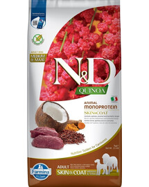 FARMINA N&D Quinoa Dog Adult Medium&Maxi Skin&Coat su elniena ir kokosais 7 kg suaugusiems vidutinių ir didelių veislių šunims + FARMINA N&D Quinoa Dental Treat Skin Coat Duck Medium/Maxi 100 g (7 vnt.) DOVANŲ!