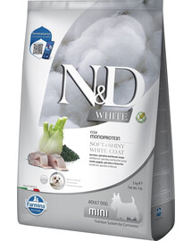 FARMINA N&D White Dog Adult Mini Sea Bass, Spirulina, Fennel 5 kg + FARMINA N&D White Dental Treat Coat Sea bass Mini 60 g (7 vnt.) NEMOKAMAI!