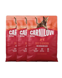 CARNILOVE Active Cat Beef and Venison Sterilised 3x2 kg jautiena ir elniena, sterilizuotiems katėms
