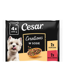 CESAR Creations Kurczak z groszkiem i Wołowina z marchewką w sosie 4×100 g mokra karma dla dorosłych psów