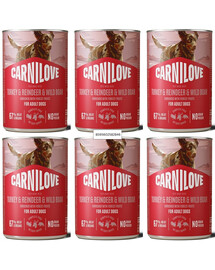 CARNILOVE Dog Can Turkey and Reindeer and Wildboar 6x400g visavertis mėsos paštetas su kalakutiena, šiaurinių elnių mėsa ir šerniena suaugusiems šunims