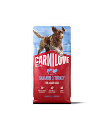 CARNILOVE Active Dog Salmon and Turkey Adult 12 kg lašiša ir kalakutiena šunims + CARNILOVE Dog Crunchy Snack Salmon 2x200g NEMOKAMAI