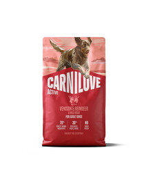 CARNILOVE Active Dog Venision and Reindeer Adult 4 kg elnių mėsa, elnių ir šernų mėsa šunims + CARNILOVE Dog Jerky Turkey with Venison 100 g NEMOKAMAI