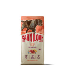 CARNILOVE True Fresh Dog Beef Adult 12 kg – su šviežia jautiena suaugusiems šunims + CARNILOVE Dog Jerky Beef Fillet 2 x 100 g DOVANŲ