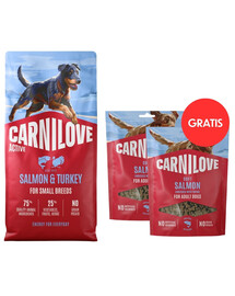 CARNILOVE Active Dog Salmon & Turkey Adult Small Breeds 12 kg – lašiša ir kalakutiena suaugusiems mažų veislių šunims + CARNILOVE Dog Soft Snack Salmon Small Bite 2 x 200 g DOVANŲ
