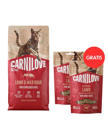 CARNILOVE Active Cat Lamb & Wild Boar Sterilised 6 kg – su ėriena ir šerniena sterilizuotoms katėms + CARNILOVE Crunchy Snack Cat Lamb 2 x 50 g DOVANŲ