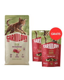CARNILOVE True Fresh Cat Duck Sterilised 6 kg dla kotów po sterylizacji + CARNILOVE Crunchy Snack Cat Duck 2x50 g GRATIS