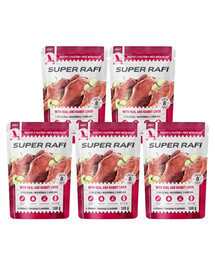 SUPER RAFI su veršiena ir triušienos kepenėlėmis, skirtas šunims, 5 x 500 g šlapias šunų maistas