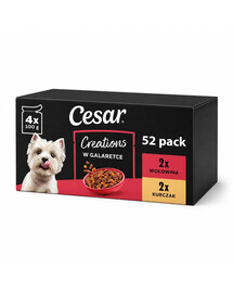 CESAR Creations Vištiena su žirneliais ir jautiena su morkomis želatinoje – 52 x 100 g drėgnas maistas suaugusiems šunims