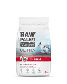 RAW PALEO Ultra Beef Mini Adult 2 x 8 kg – sausas pašaras su jautiena suaugusiems mažų veislių šunims