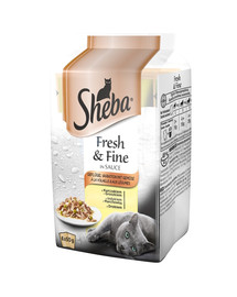 SHEBA saszetka 6x50g Fresh & Fine - drėgnas kačių maistas su padažu (vištiena ir žirneliai, kalakutiena ir morkos, paukštiena).