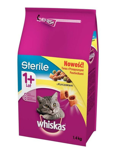 WHISKAS Sterile 2x1,4kg - sausas maistas katėms po sterilizavimo vištiena + 1 vnt konservų NEMOKAMAI