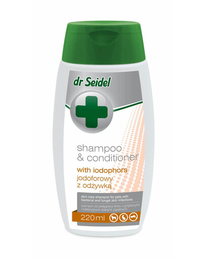 DERMAPHARM Dr. Seidel Jodoforinis šampūnas su kondicionieriumi šunims 220 ml nuo bakterinių ir grybelinių odos infekcijų