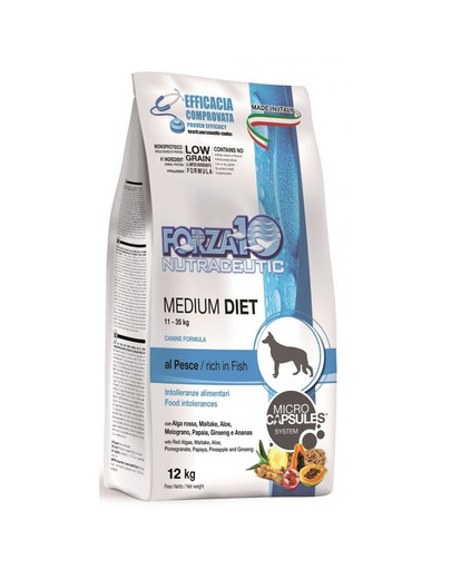 FORZA10 Medium Diet su žuvimi hipoalergiškas sausas maistas suaugusiems vidutinio  veislės šunims 12 kg
