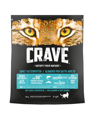 CRAVE sausas grūdų neturintis kačių maistas su lašiša ir balta žuvimi5 x 750 g