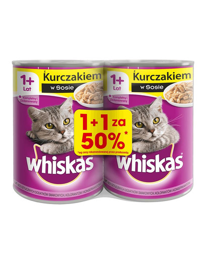 WHISKAS Adult konservai 24x400g - šlapias kačių maistas su vištiena padaže (12 vnt., 50%)