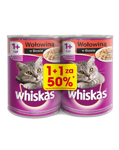 WHISKAS Adult konservai 24x400g - šlapias kačių maistas su jautiena padaže (12vnt. už 50%)