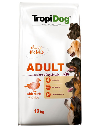 TROPIDOG Premium Adult M&L Duck&Rice 12kg sausas ėdalas vidutinių ir didelių veislių šunims Antis su ryžiais