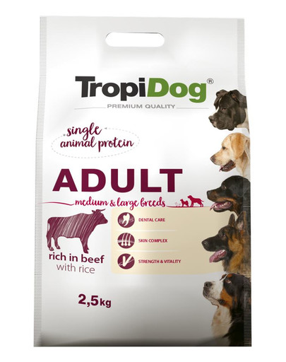 TROPIDOG Premium Adult M&L Beef&Rice 2,5kg sausas maistas vidutinių ir didelių veislių šunims Jautiena ir ryžiai