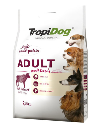 TROPIDOG Premium Adult S Beef&Rice 2,5kg sausas maistas mažų veislių šunims Jautiena ir ryžiai