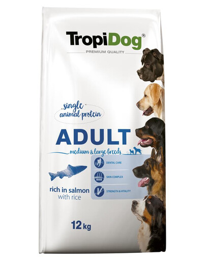 TROPIDOG Premium Adult M&L Salmon&Rice 12kg sausas maistas vidutinių ir didelių veislių šunims. Lašiša ir ryžiai