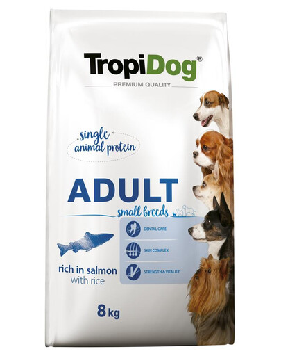 TROPIDOG Premium Adult S Salmon&Rice 8 kg sausas maistas mažų veislių šunims Lašiša ir ryžiai