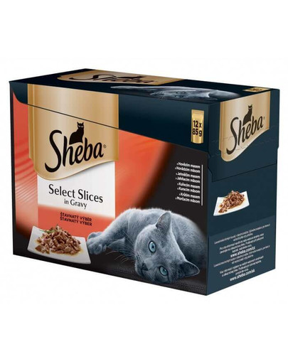 SHEBA saszetka 48x85g Select Slices in Gravy -šlapias kačių maistas padaže (jautiena, triušis, vištiena, kalakutiena) + dubuo nemokamai