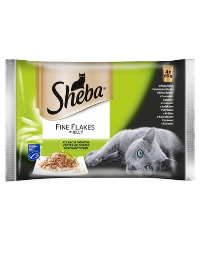 SHEBA paketėlis 13x4x85g puikių dribsnių drebučiuose - šlapias kačių maistas želė (su balta žuvimi, lašiša, kalakutiena, vištiena) + nemokamas dubuo