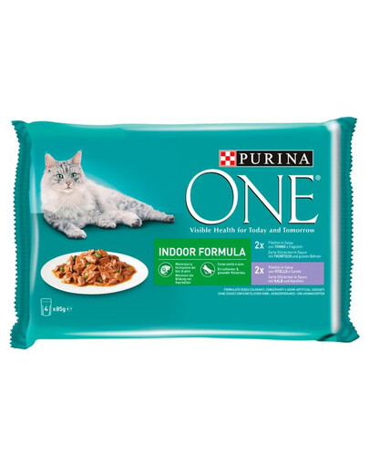PURINA ONE Indoor Formula Mix flavours (su veršiena ir morkomis, su tunu ir šparaginėmis pupelėmis) 4x85g drėgno kačių ėdalo