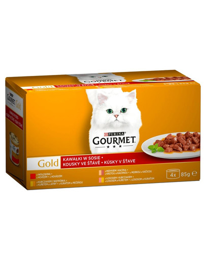 GOURMET Gold Dalys padaže jautienos, kalakutienos ir antiena, vištiena ir kepenys, lašišų ir vištienos 48x85g šlapias kačių maistas