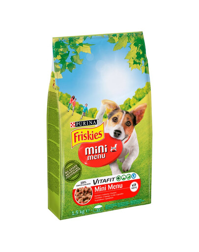 FRISKIES Mini meniu su jautiena ir daržovėmis 1,5 kg sauso maisto suaugusiems mažų veislių šunims