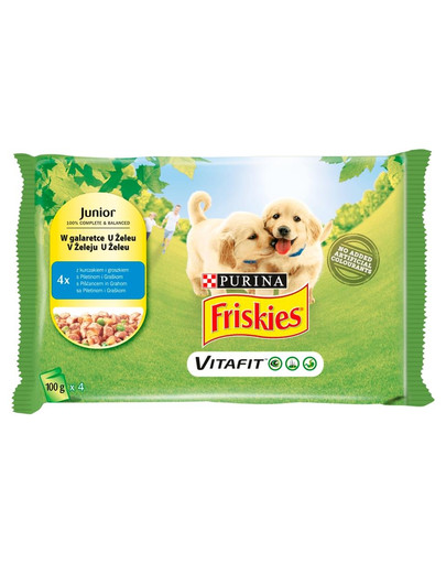 FRISKIES Vitafit Junior su vištiena ir žirneliais drebučiuose 4x100g šlapias šuniukų maistas